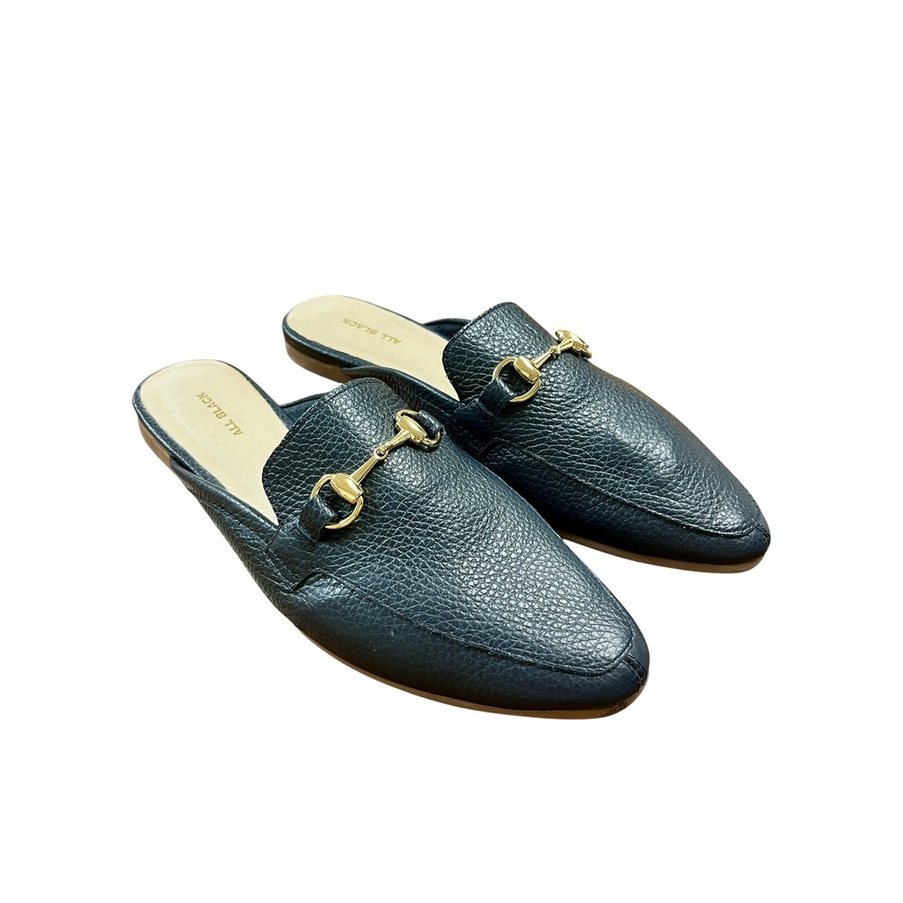 ALL BLACK Horsebit Loafer Mules 39.5 9 Navy Blue Leather Classic Luxury - Picture 2 of 9